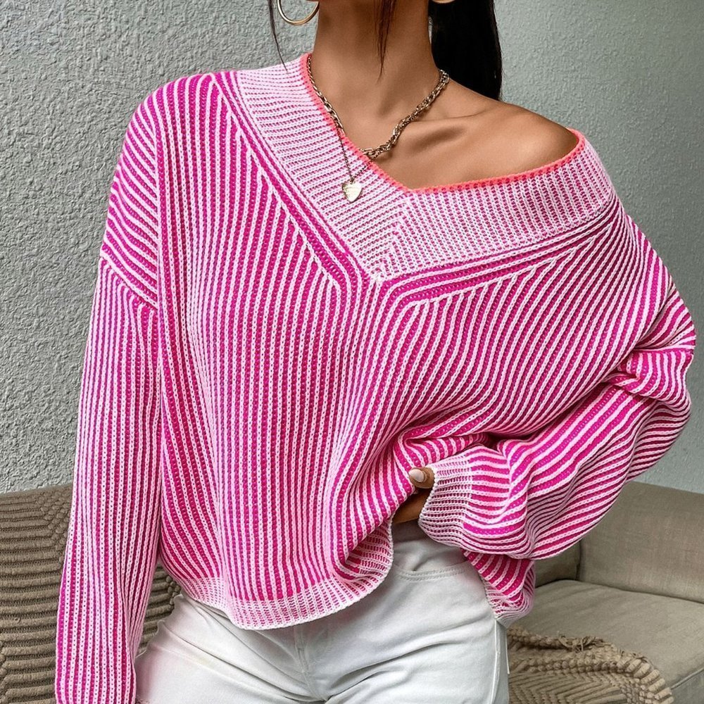 Pink Casual Womens Vertical Stripe Pattern Drop Shoulder Sweater - Picture 4 of 5